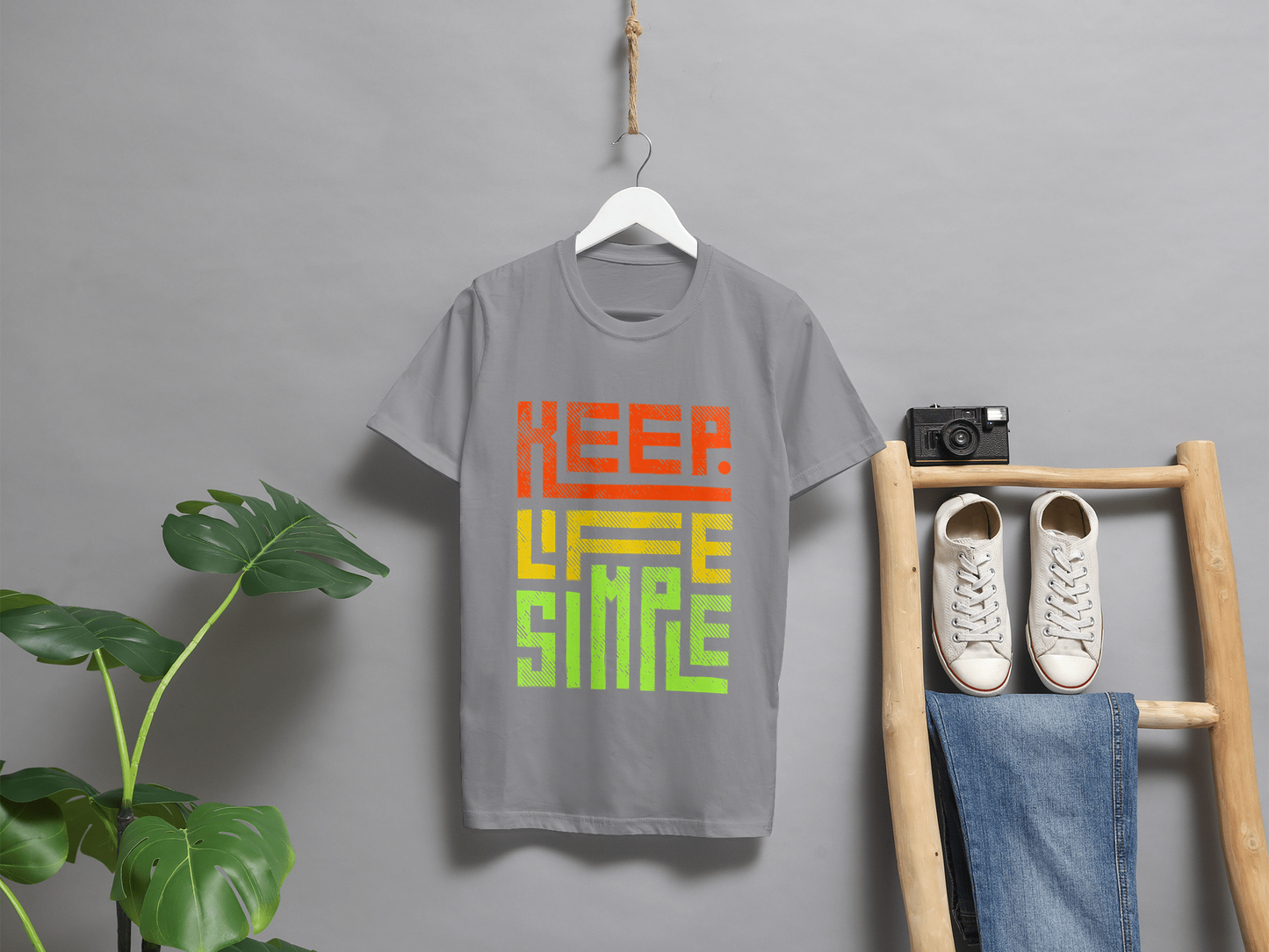 VEnhance Mens T-Shirt Keep Life Simple Graphic T-Shirt, Black Cotton, Gradient Orange-Yellow-Green Print, Casual Round Neck