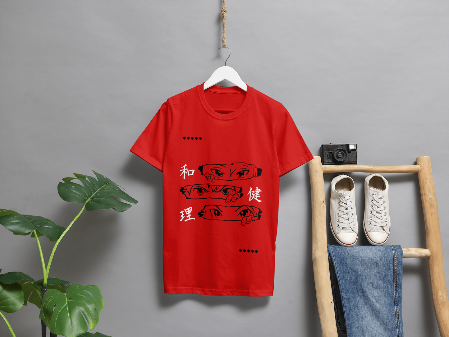 VEnhance Men's T-Shirt Anime Eyes Graphic T-Shirt, Japanese Characters Print, Red Cotton, Casual Wear