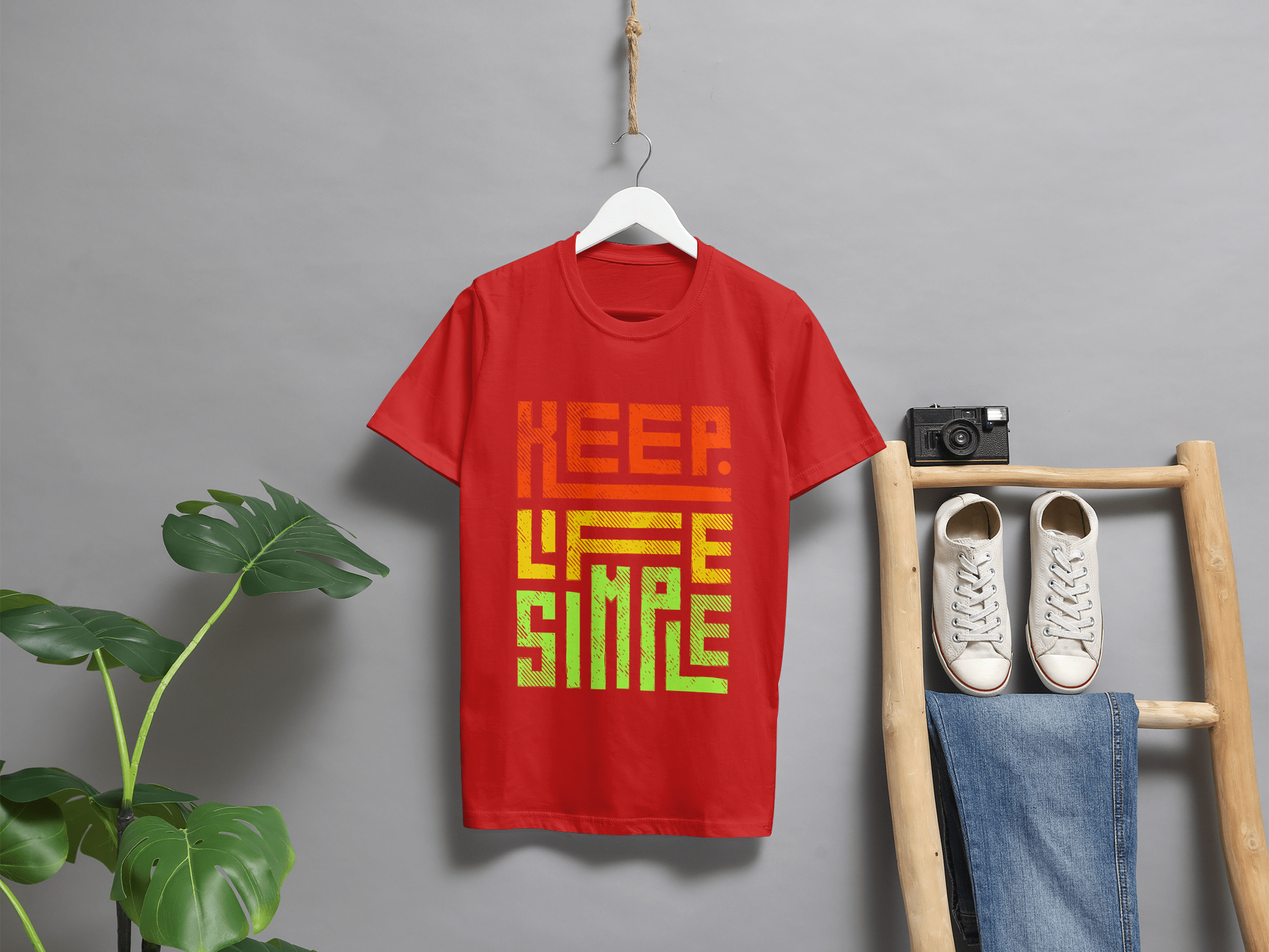 VEnhance Mens T-Shirt Keep Life Simple Graphic T-Shirt, Black Cotton, Gradient Orange-Yellow-Green Print, Casual Round Neck