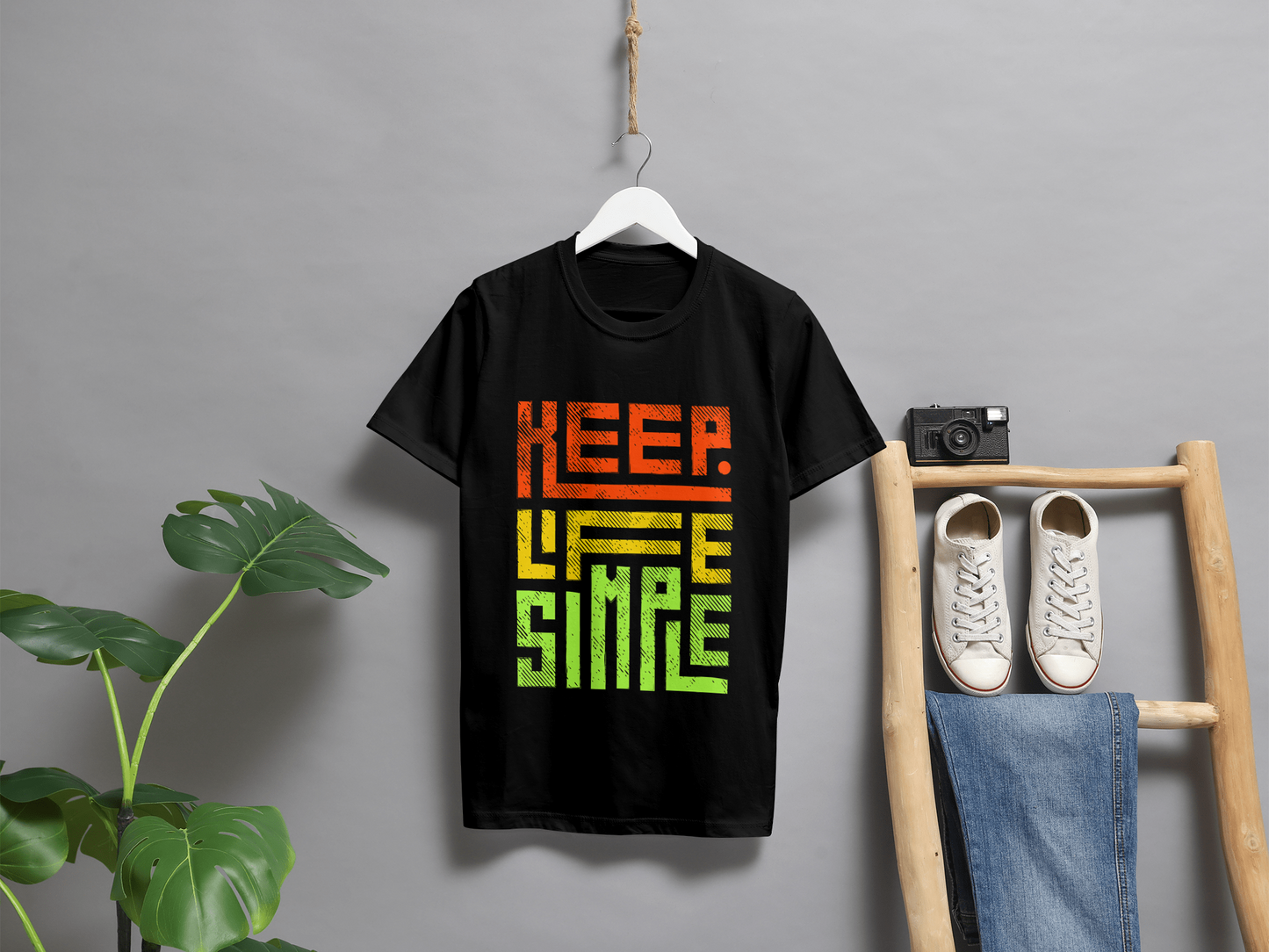 VEnhance Mens T-Shirt Keep Life Simple Graphic T-Shirt, Black Cotton, Gradient Orange-Yellow-Green Print, Casual Round Neck