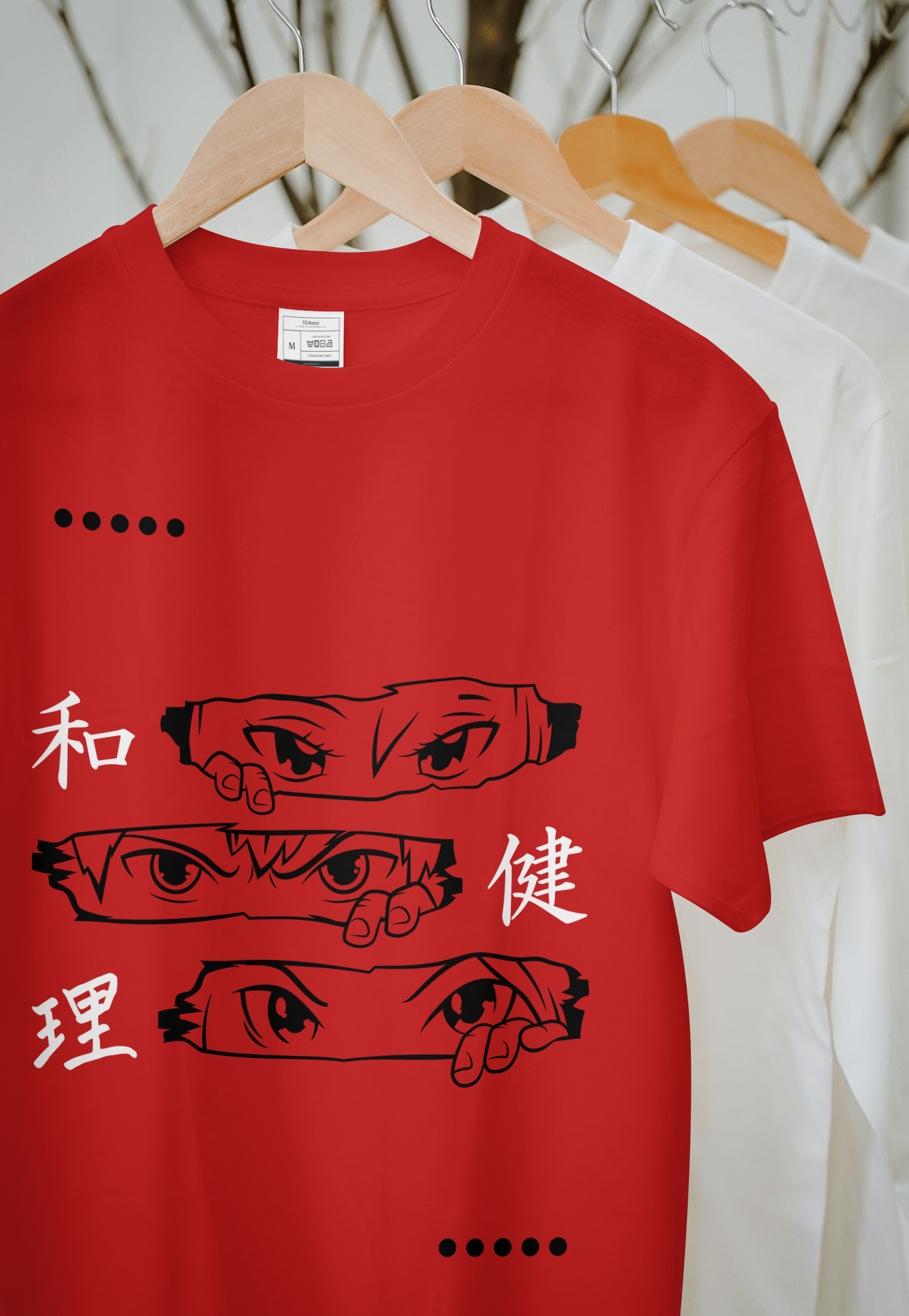 VEnhance Men's T-Shirt Anime Eyes Graphic T-Shirt, Japanese Characters Print, Red Cotton, Casual Wear