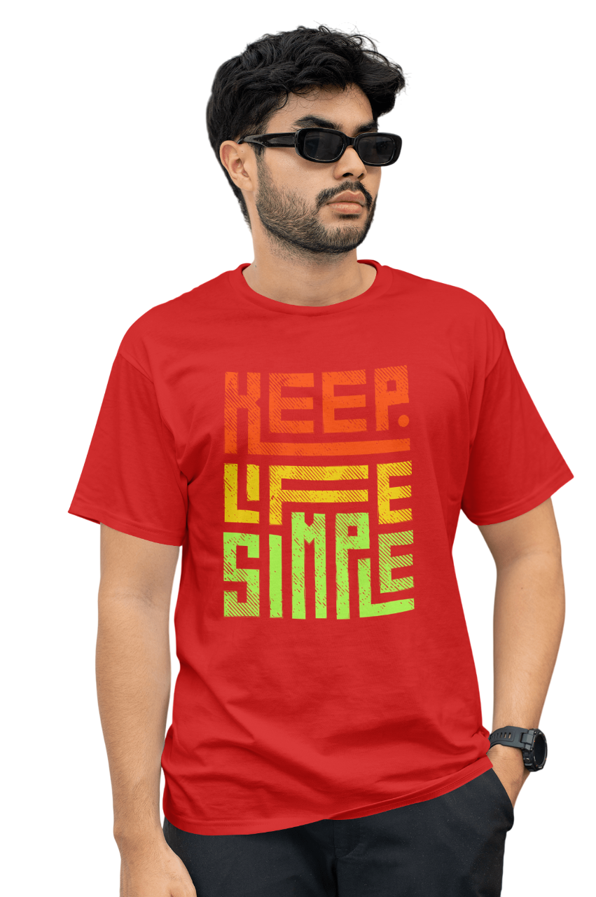 VEnhance Mens T-Shirt Keep Life Simple Graphic T-Shirt, Black Cotton, Gradient Orange-Yellow-Green Print, Casual Round Neck