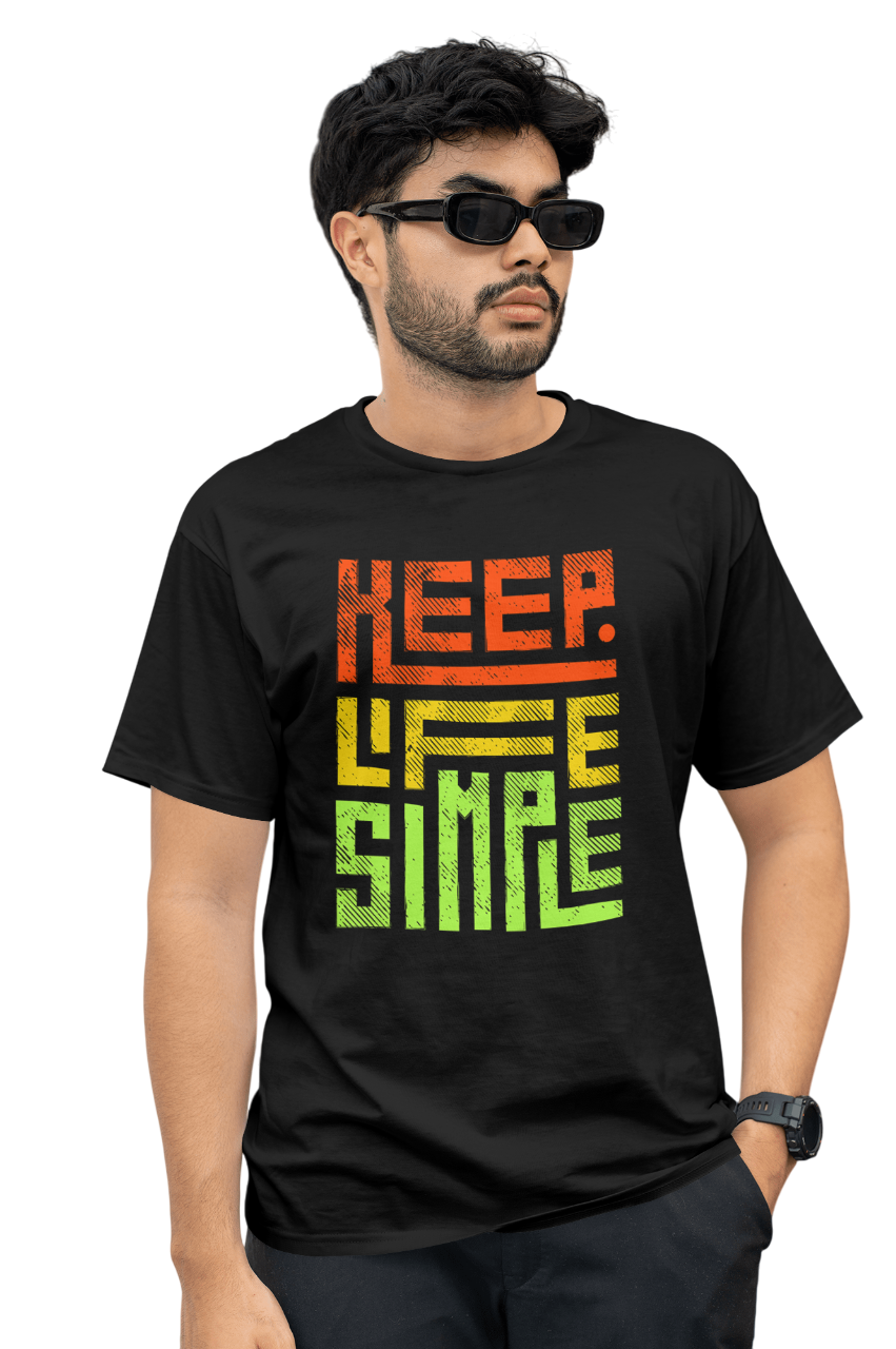 VEnhance Mens T-Shirt Keep Life Simple Graphic T-Shirt, Black Cotton, Gradient Orange-Yellow-Green Print, Casual Round Neck