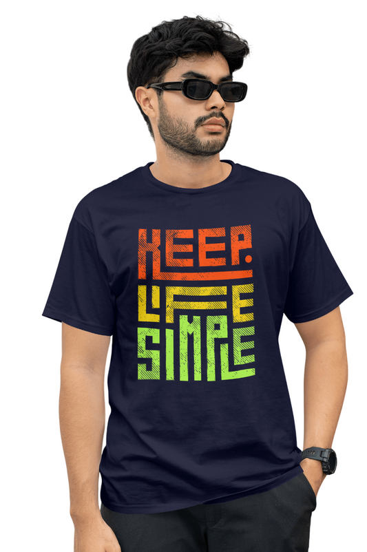 VEnhance Mens T-Shirt Keep Life Simple Graphic T-Shirt, Black Cotton, Gradient Orange-Yellow-Green Print, Casual Round Neck