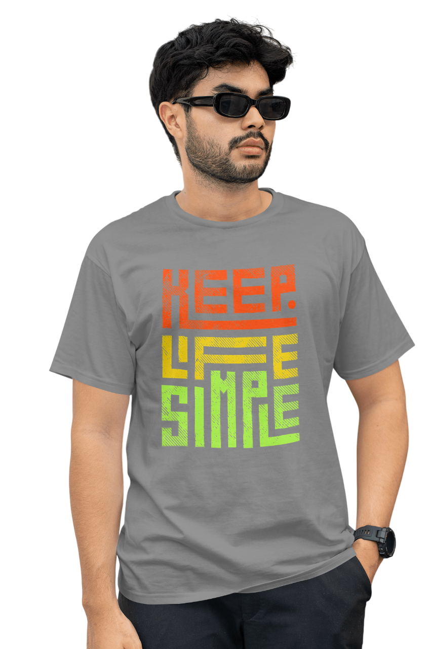 VEnhance Mens T-Shirt Keep Life Simple Graphic T-Shirt, Black Cotton, Gradient Orange-Yellow-Green Print, Casual Round Neck