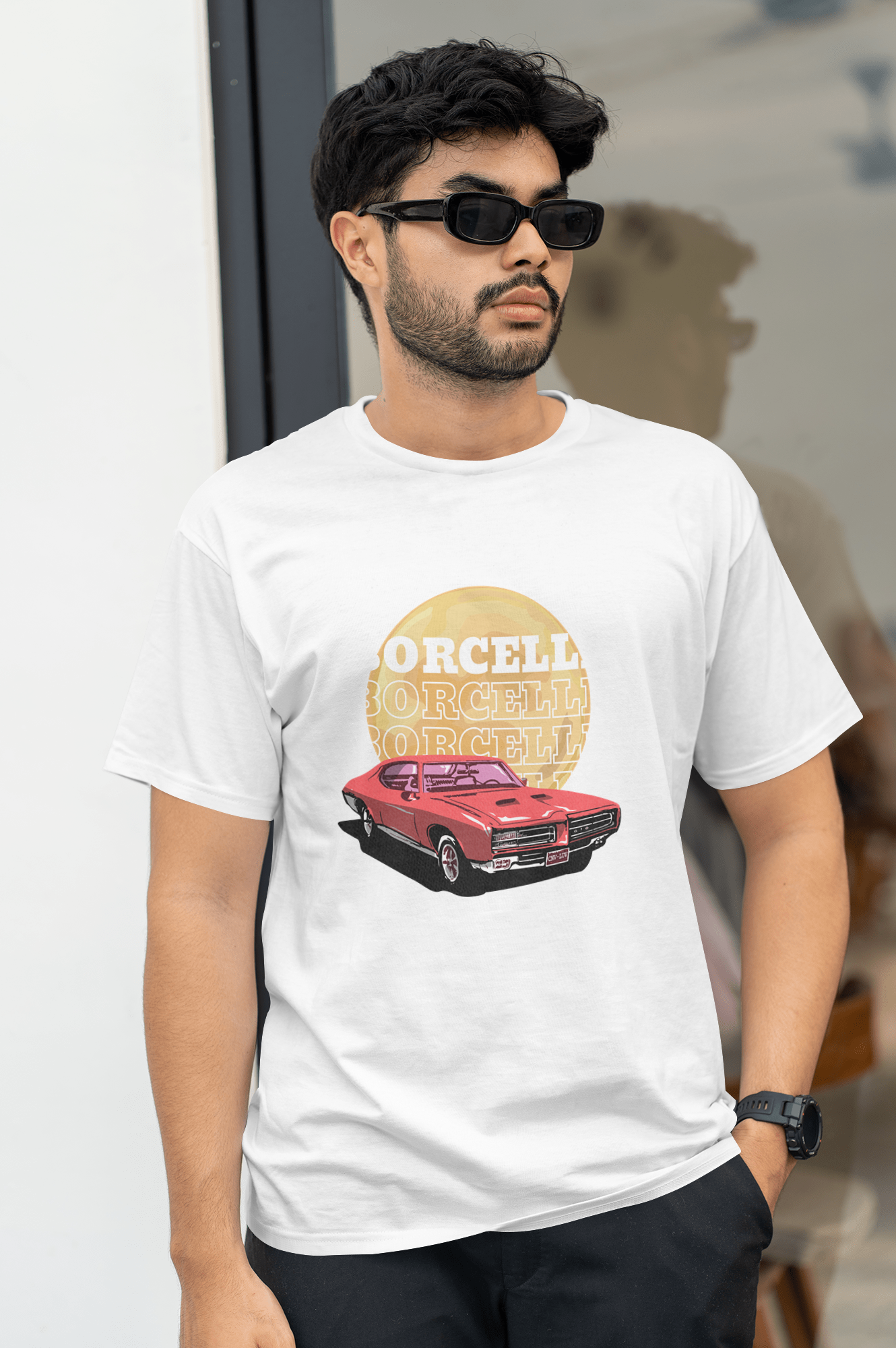 Classic Car Borcelle Graphic T-Shirt, Navy Blue, Vintage Muscle Car Design, Cotton Casual Wear
