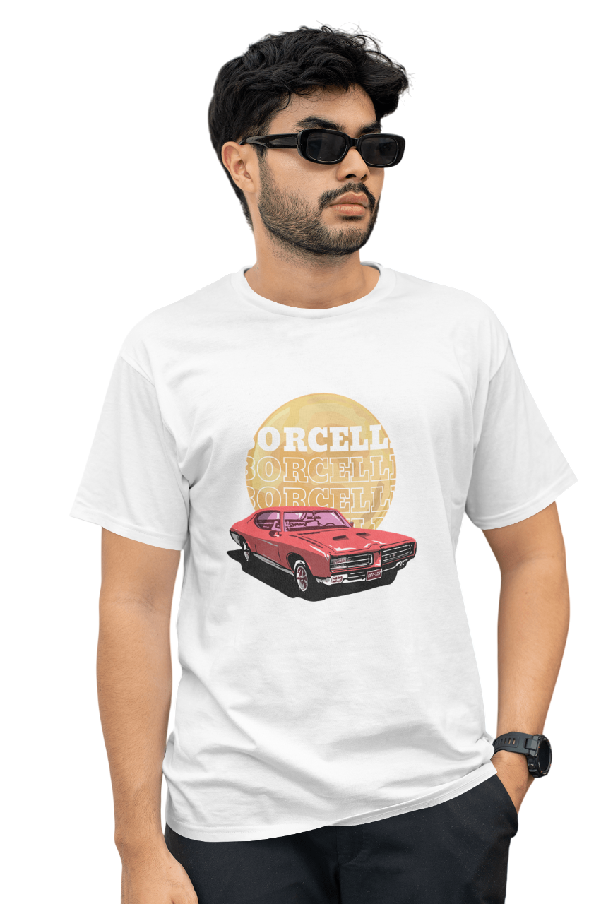 Classic Car Borcelle Graphic T-Shirt, Navy Blue, Vintage Muscle Car Design, Cotton Casual Wear