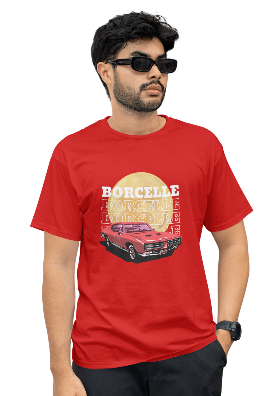 Classic Car Borcelle Graphic T-Shirt, Navy Blue, Vintage Muscle Car Design, Cotton Casual Wear