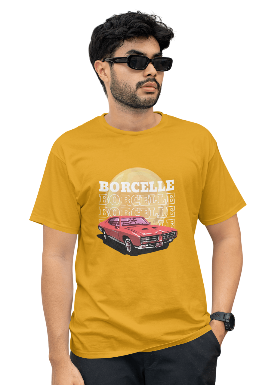 Classic Car Borcelle Graphic T-Shirt, Navy Blue, Vintage Muscle Car Design, Cotton Casual Wear