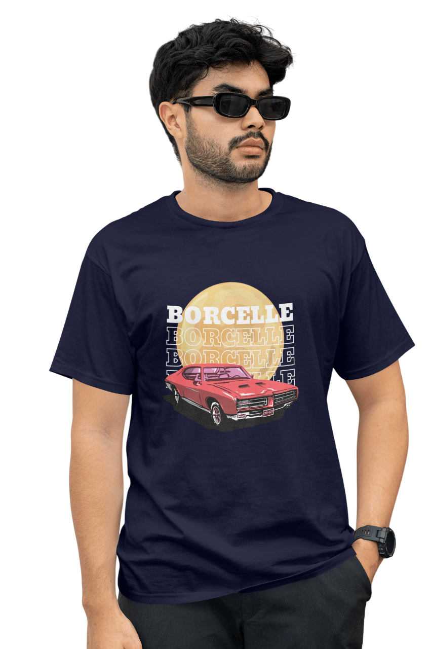 Classic Car Borcelle Graphic T-Shirt, Navy Blue, Vintage Muscle Car Design, Cotton Casual Wear