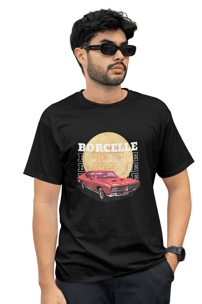 Classic Car Borcelle Graphic T-Shirt, Navy Blue, Vintage Muscle Car Design, Cotton Casual Wear
